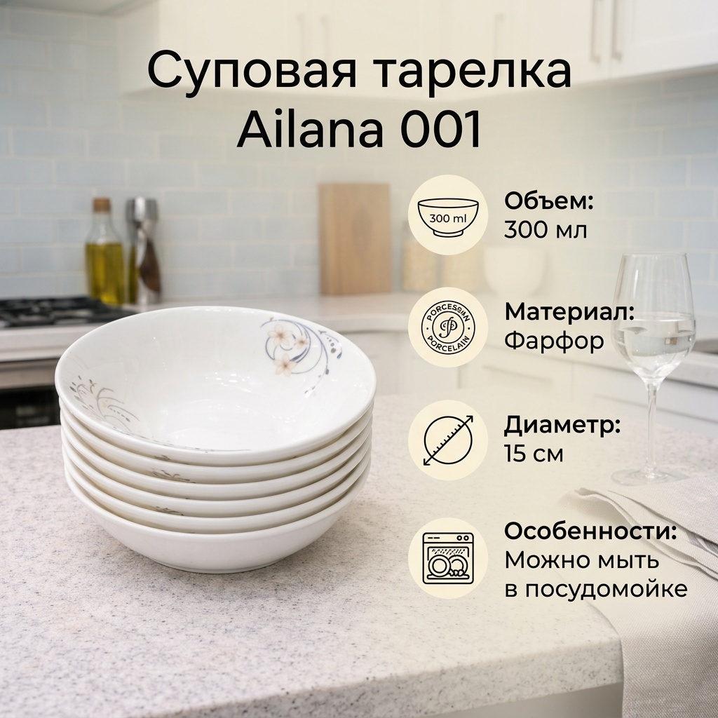 Суповая тарелка Ailana 15 см, 6 шт, фарфор