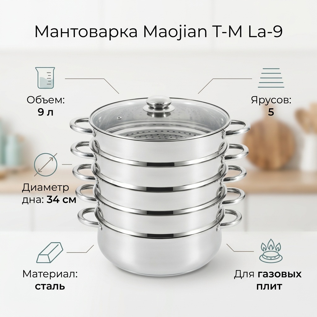 Мантоварка 9 л, Maojian сталь, количество ярусов: 5