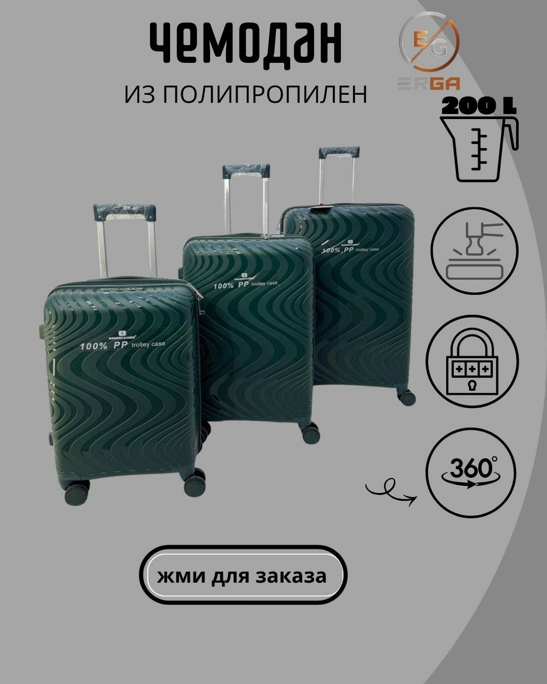 Комплект чемоданов Erga50 полипропилен 208 л хаки