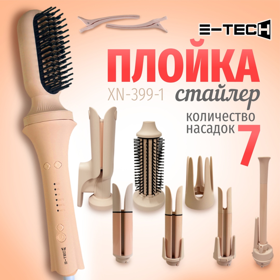 E-tech Стайлер для волос XN-399-1 7 в 1 розовая плойка 12 мм, 28 мм, 32 мм, 40 мм