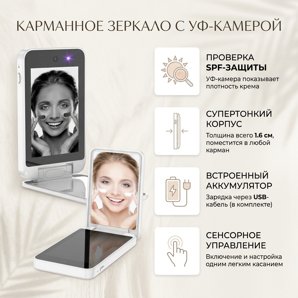 Зеркало карманное с Ультрафиолетовой камерой 13,271,6см