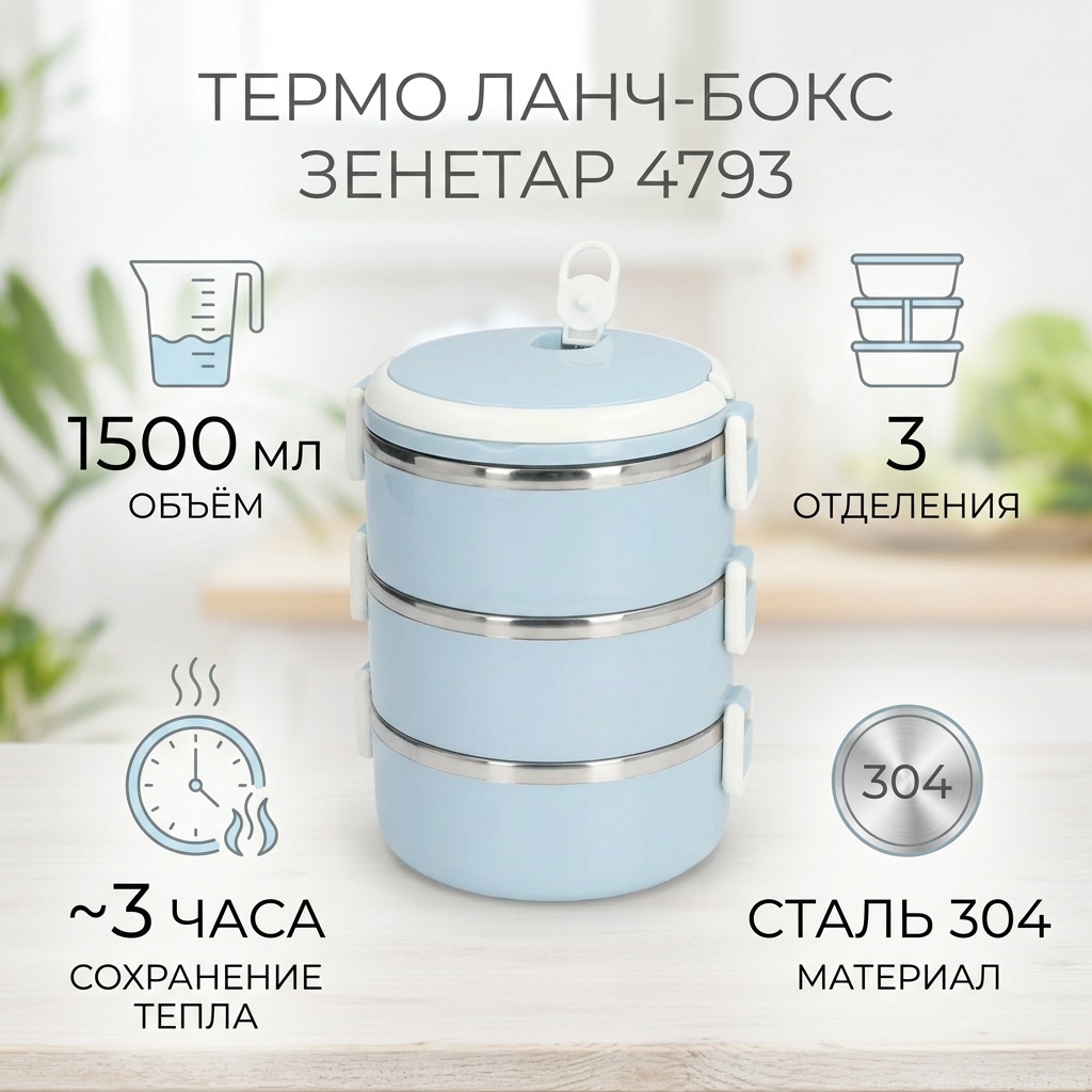 Зенетар термо ланч-бокс 4793 1 шт, нержавеющая сталь, ABS-пластик