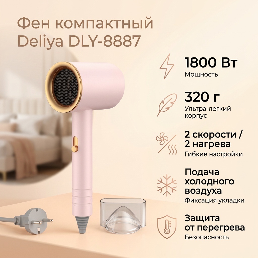 Deliya DLY-8887 компактный фен розовый