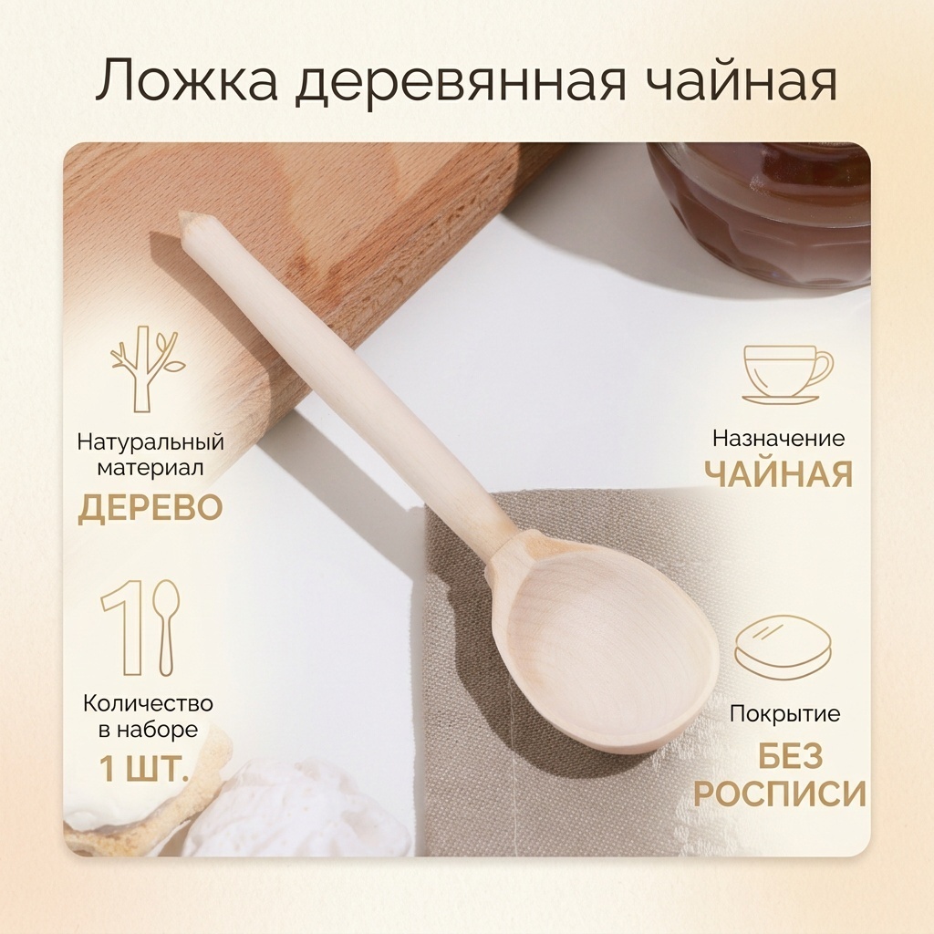 Ложка 1 шт, мультиколор Ложка деревянная, чайная, без росписи