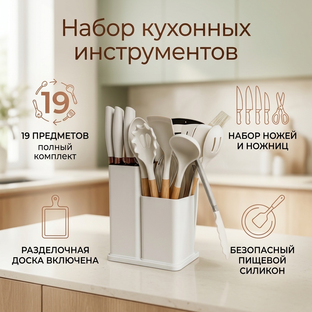 Набор кухонных инструментов силикон, бамбук, 19 шт