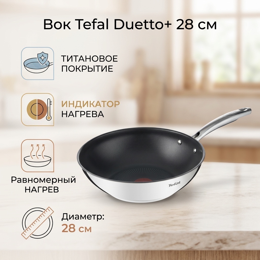 Вок Tefal Duetto+ 28 см с антипригарным покрытием, нержавеющая сталь