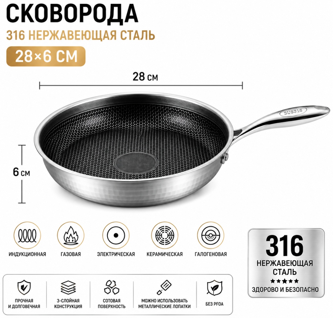 Вок New Life Сковорода 28 см из нержавеющей стали 316 соты антипригарная для всех плит 28 см с антипригарным покрытием, нержавеющая сталь