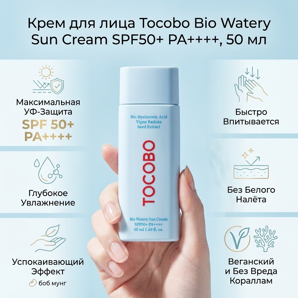 Tocobo крем Bio Watery Sun Cream SPF50+ PA++++ для лица, для зоны декольте 50 мл