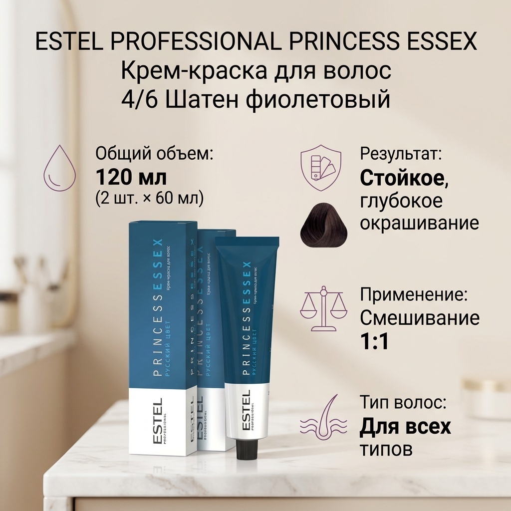 ESTEL PROFESSIONAL ESTEL PROFESSIONAL Крем-краска PRINCESS ESSEX для окрашивания волос 4/6 шатен фиолетовый ,2 шт по 60мл - шатен фиолетовый крем-краска 120 мл