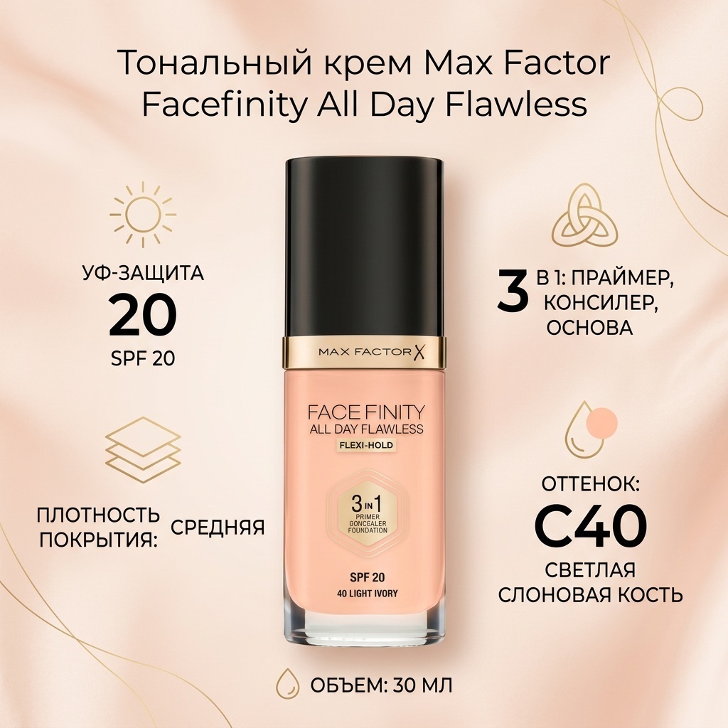 Max Factor Facefinity All Day Flawless 3 in 1 SPF20 тональный крем C40 Light ivory 30 мл