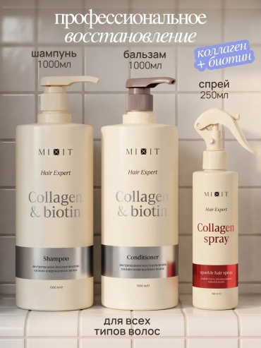 MIXIT Collagen + Biotin шампунь бальзам спрей набор по уходу за волосами унисекс