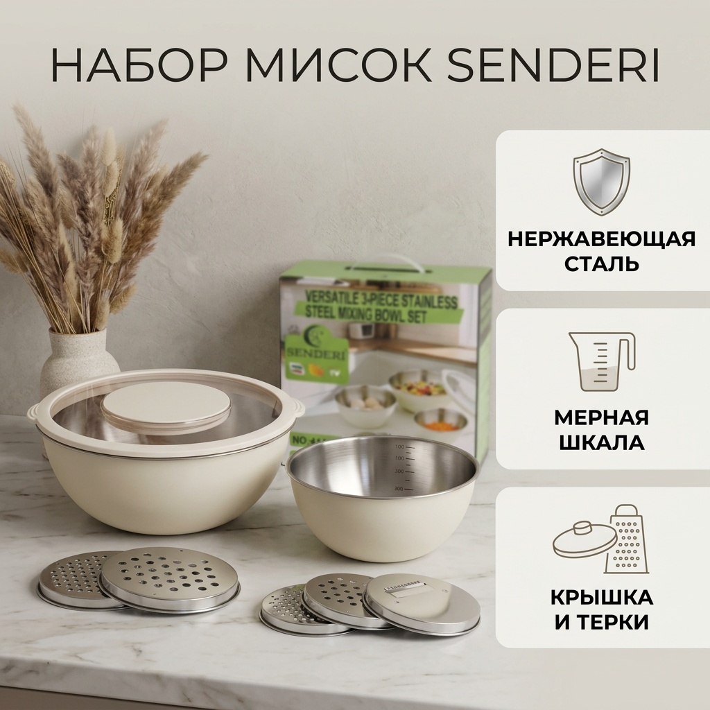 Набор мисок 25х25 см, нержавеющая сталь, пластик, 3 шт