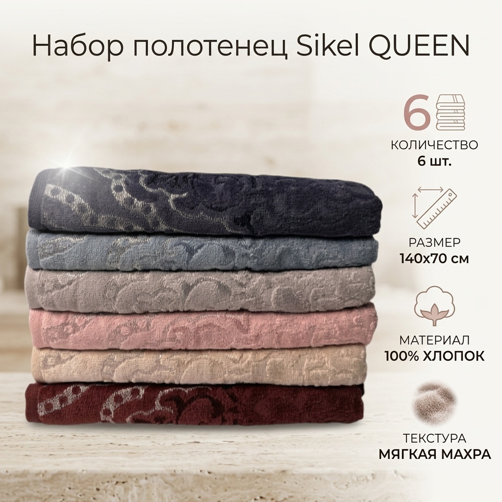Набор полотенец Sikel 140x70 см, хлопок, махровая ткань, 6 шт,