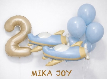 Набор воздушных шаров MIKA JOY Самолет 2 года 8 шт, голубой, золотистый