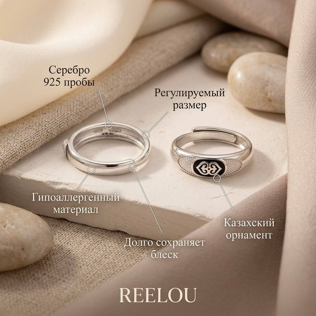 Кольцо REELOU Парное кольцо покрытие серебро размер регулируемый вес 3 г серебро, без вставок