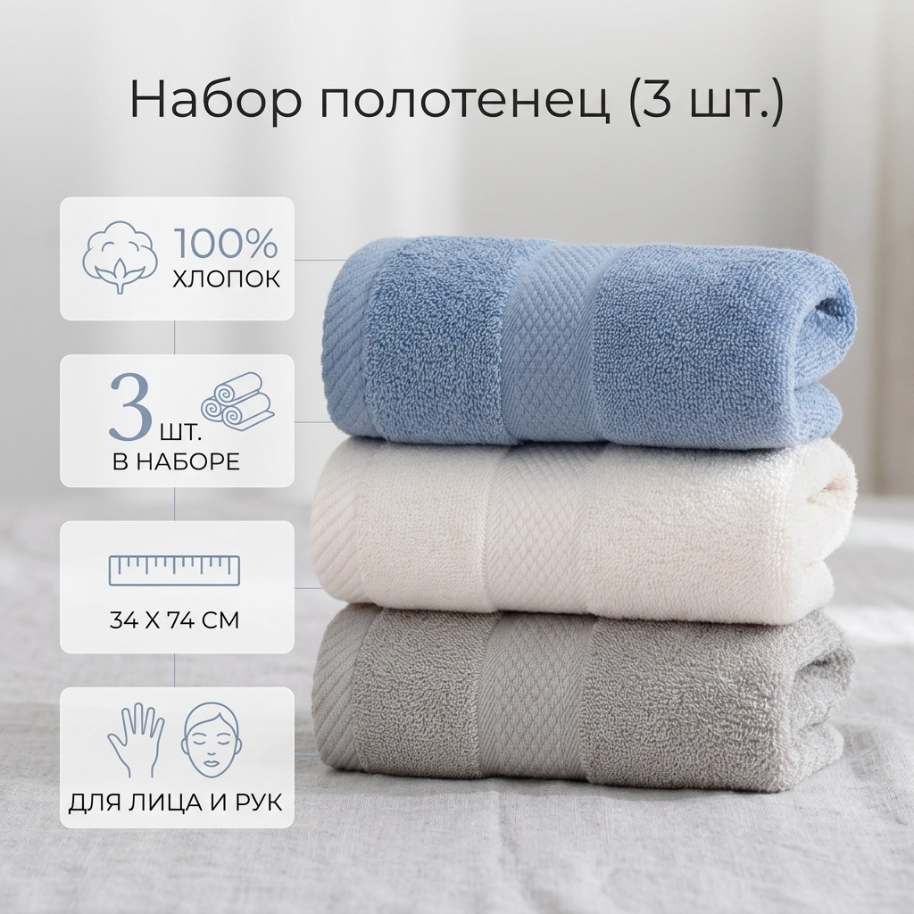 Полотенце 74x34 см, хлопок, 3 шт,