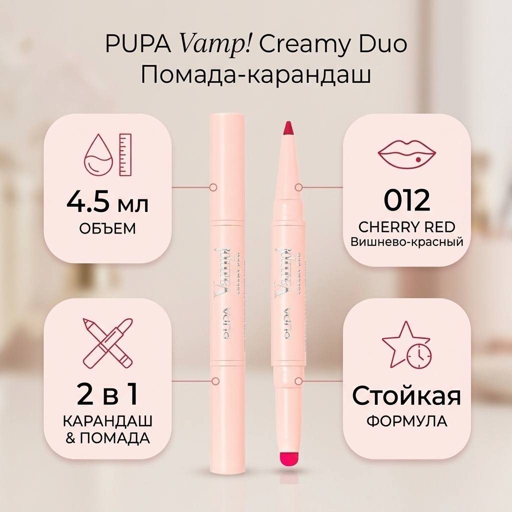 PUPA Vamp Creamy Duo Lip Contouring Pencil & Shiny Lipstick помада-карандаш 012 Cherry Red