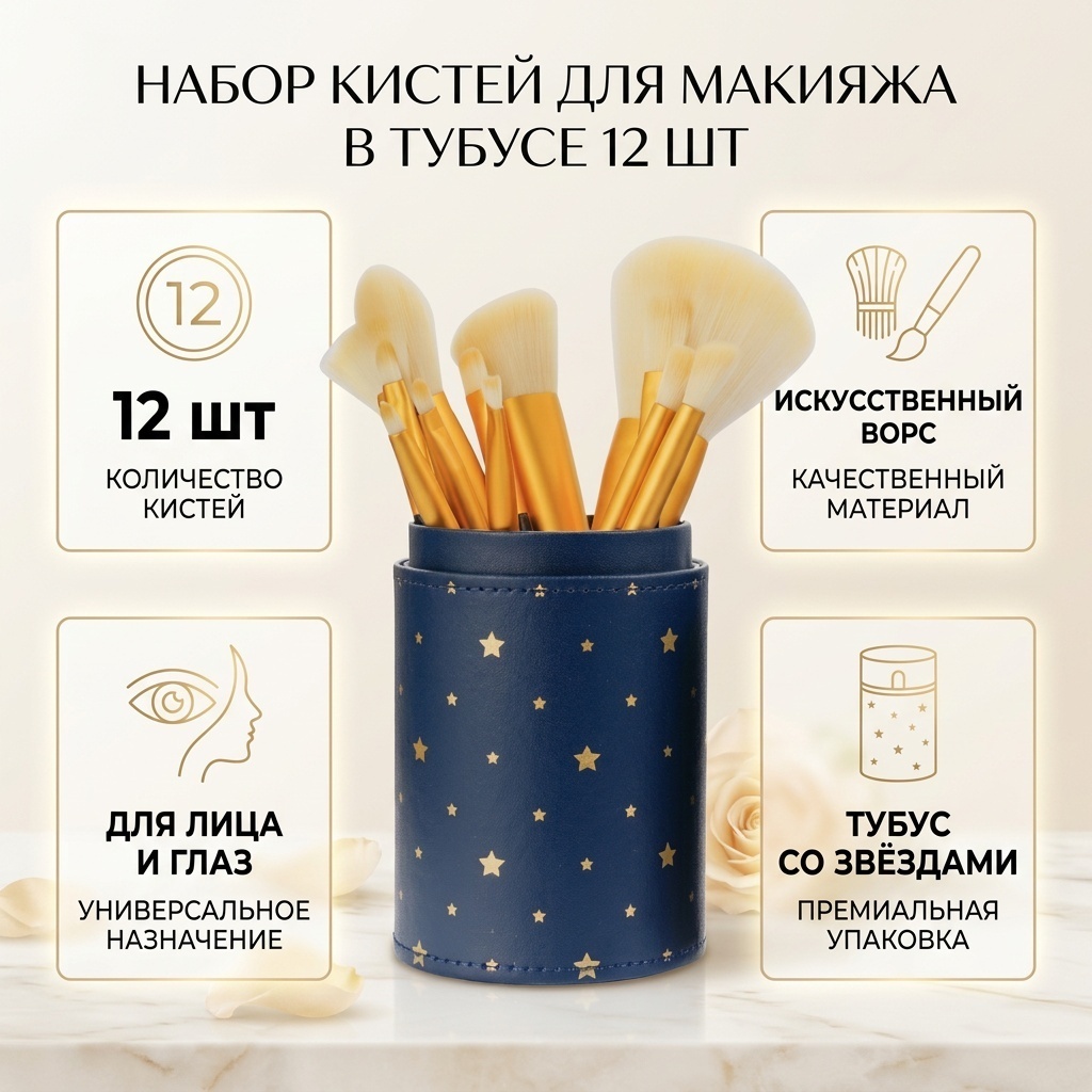 Набор кистей для макияжа в тубусе 12 шт