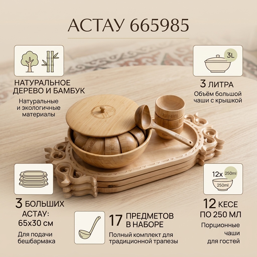 Астау базовая 65х30 см, дерево, бамбук, 17 шт