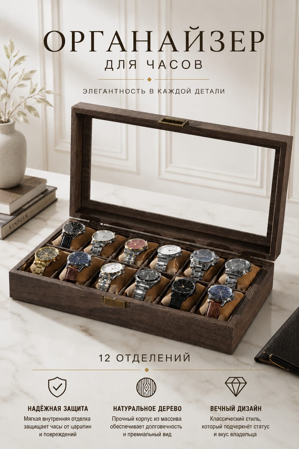 Органайзер для часов натуральное дерево, стекло