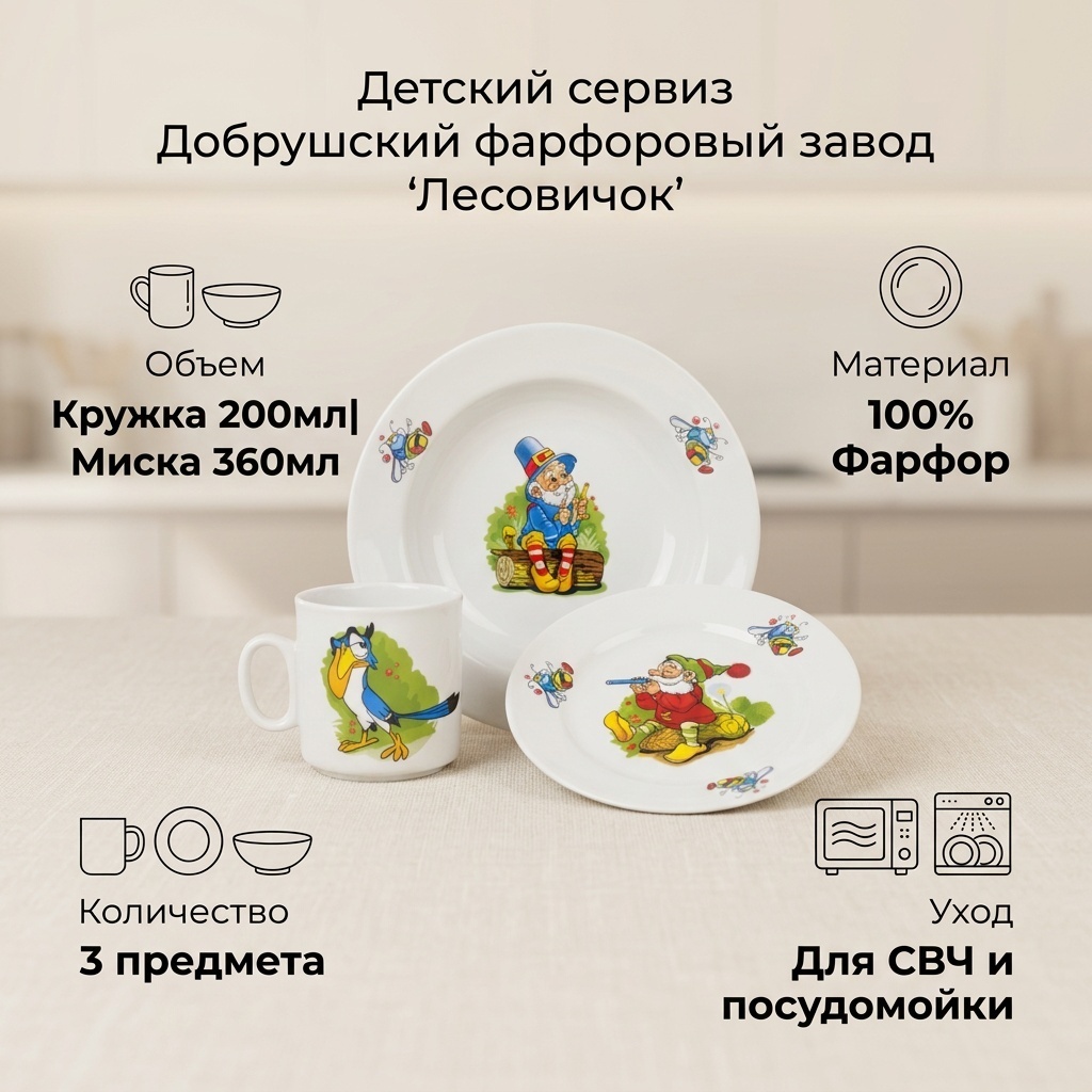 Сервиз на 1 персону Добрушский фарфоровый завод Лесовичок, предметов: 3, детский, фарфор