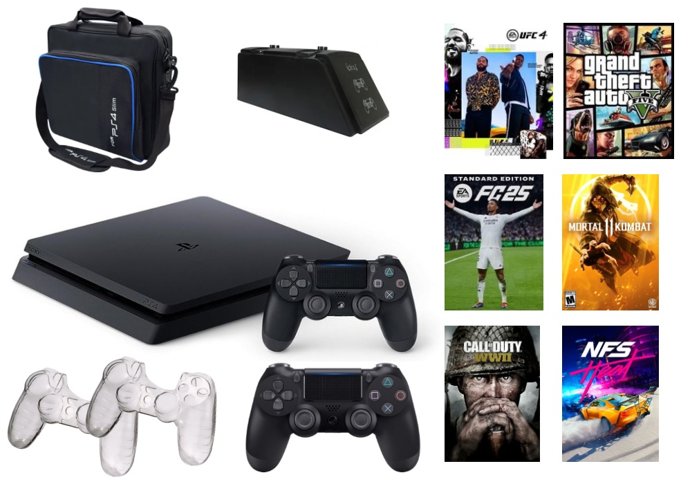 Игровая приставка Sony PlayStation 4 Slim 1 TB + сумка + чехол + зарядная станция + геймпад + GTA5 + UFC4 + MK11 + FC25 + NFS + COD