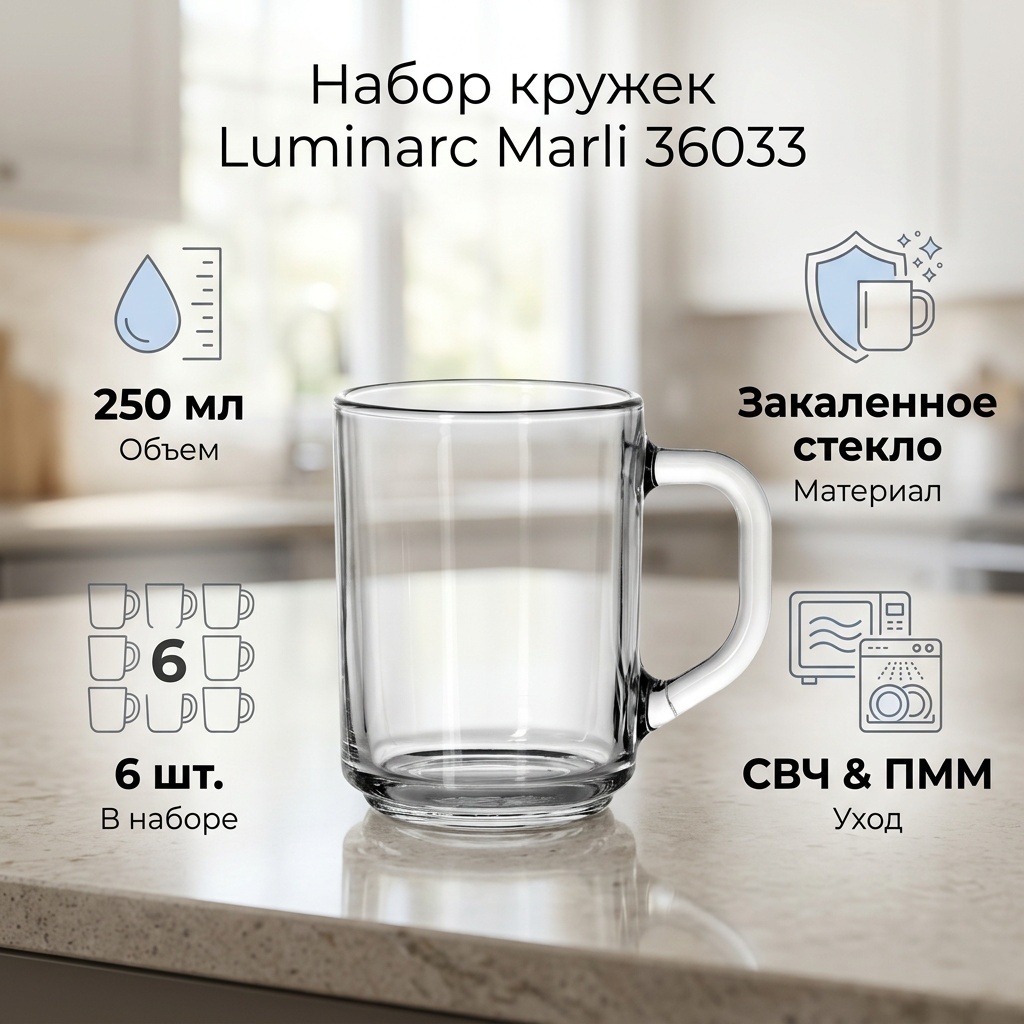Набор кружек Luminarc «Marli», 250 мл, стекло, закаленное стекло, 6 шт.
