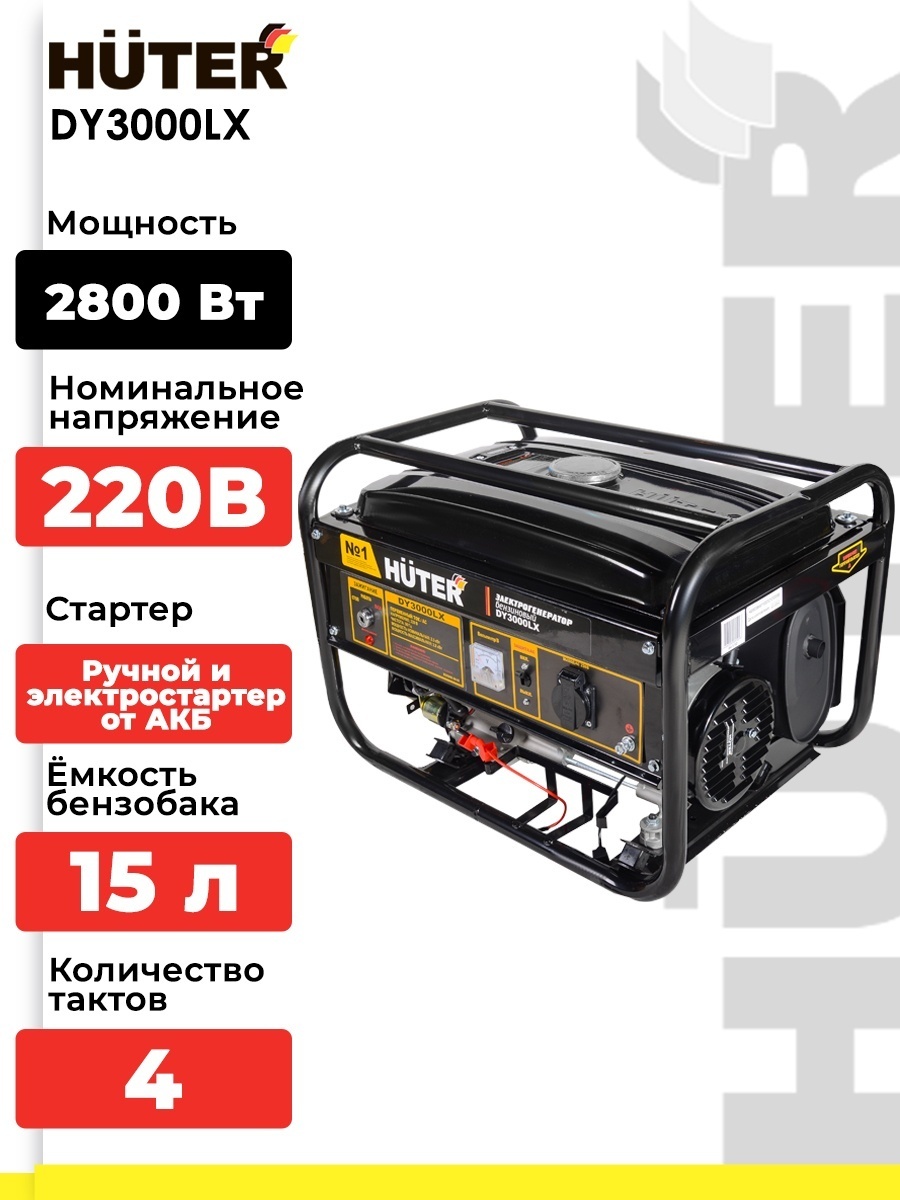Электрогенератор 2.5 кВт 220В DY3000LX Huter бензиновый 4-х тактный двигатель, макс. мощность 2.8 кВт, ручной и электростартер, однофазный, бак 15л, емкость системы смазки 0.6л 64/1/10
