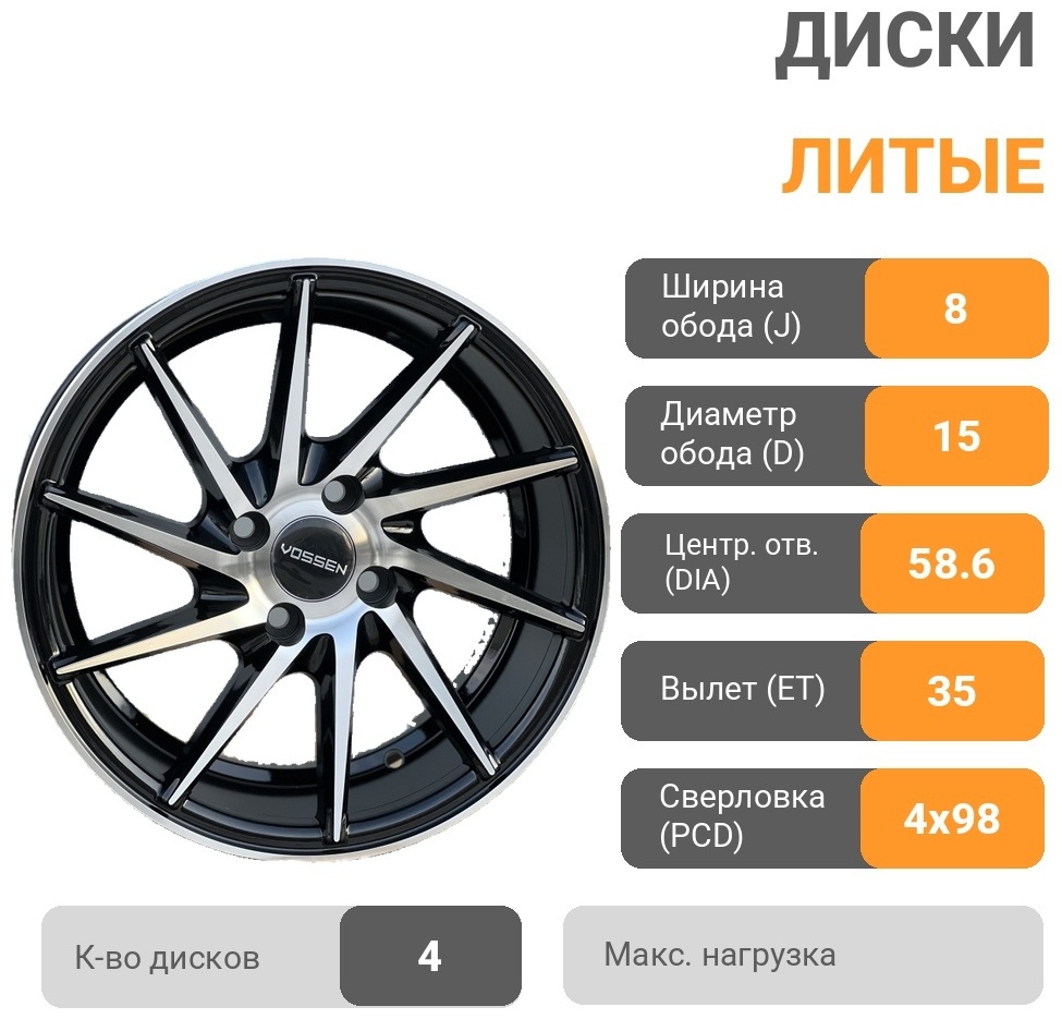 RNO 885 8x15/4x98 D58.6 ET35 4 диска черный, серебристый
