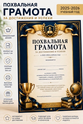 Грамота Похвальная грамота ученику 2025-2026 учебный год А4 10 шт