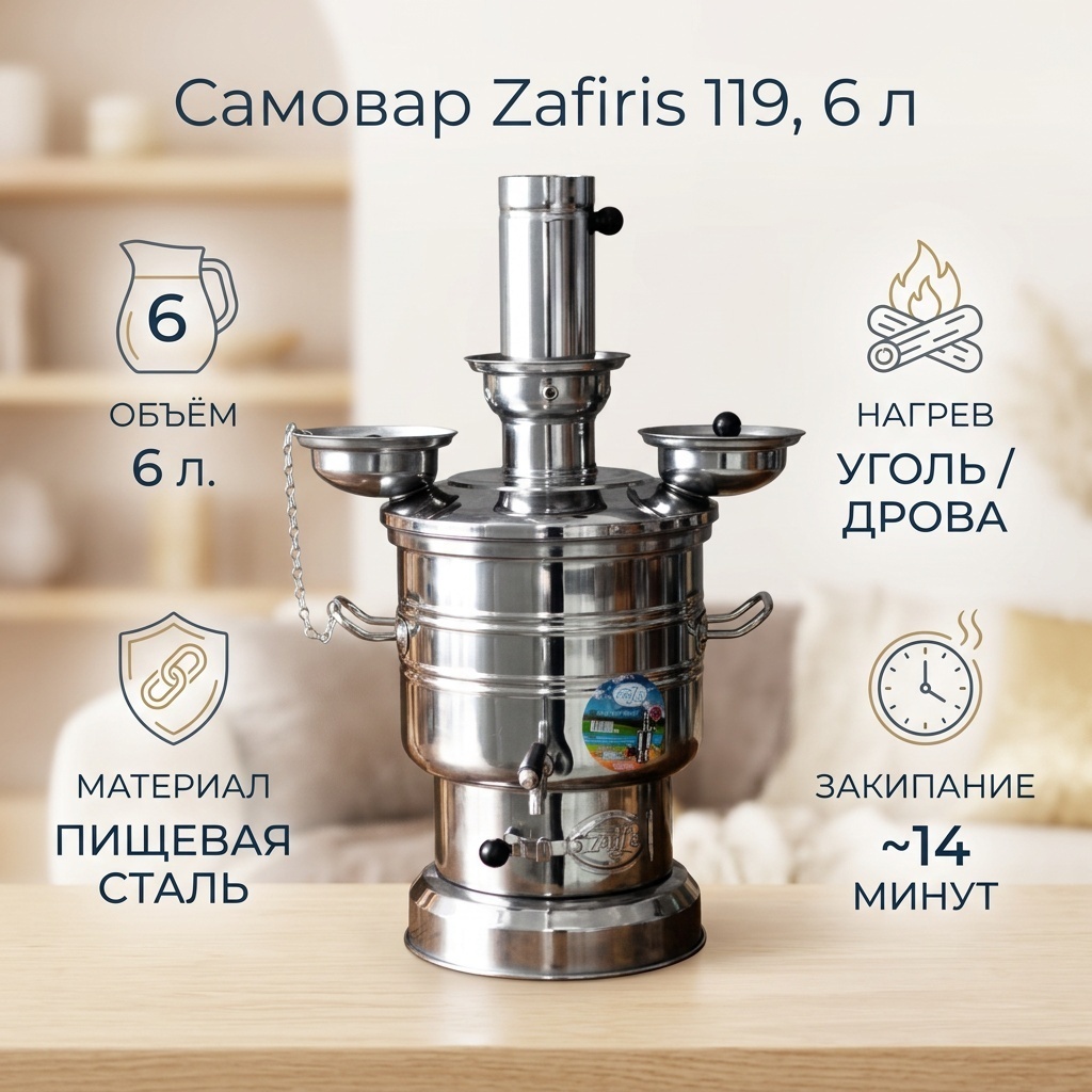 Zafiris самовар 119 6 л, нержавеющая сталь