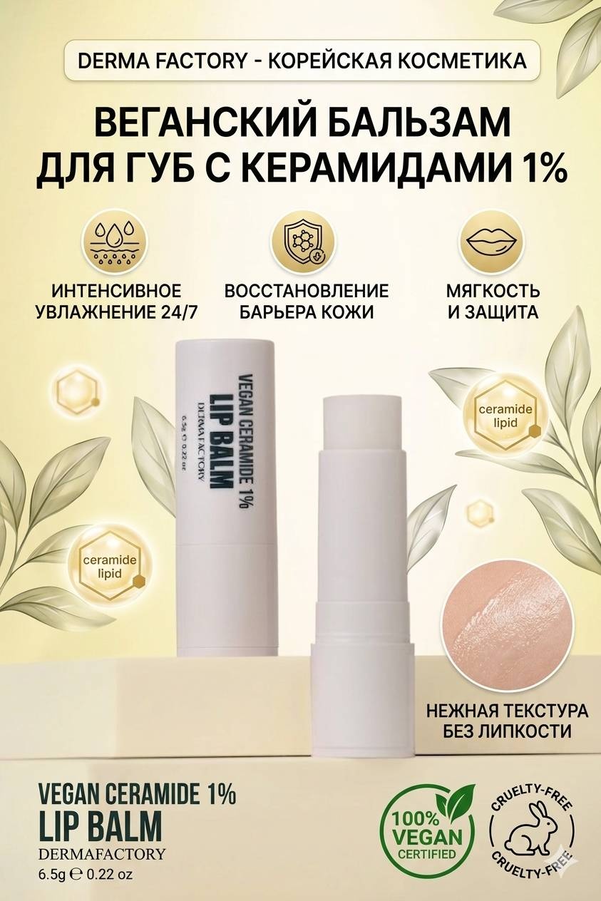 Derma Factory бальзам Веганский восстанавливающий бальзам для губ Derma Factory Vegan Ceramide 1% Lip Balm 6.5 г