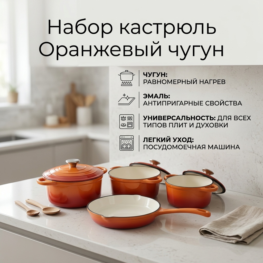 Набор кастрюль Оранжевый чугун 4 в 1