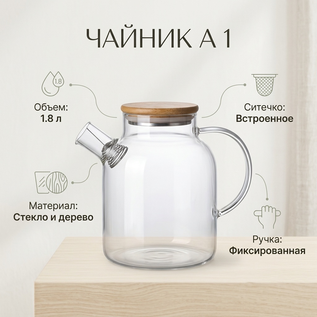 Чайник А 1 1.8 л, дерево, стекло