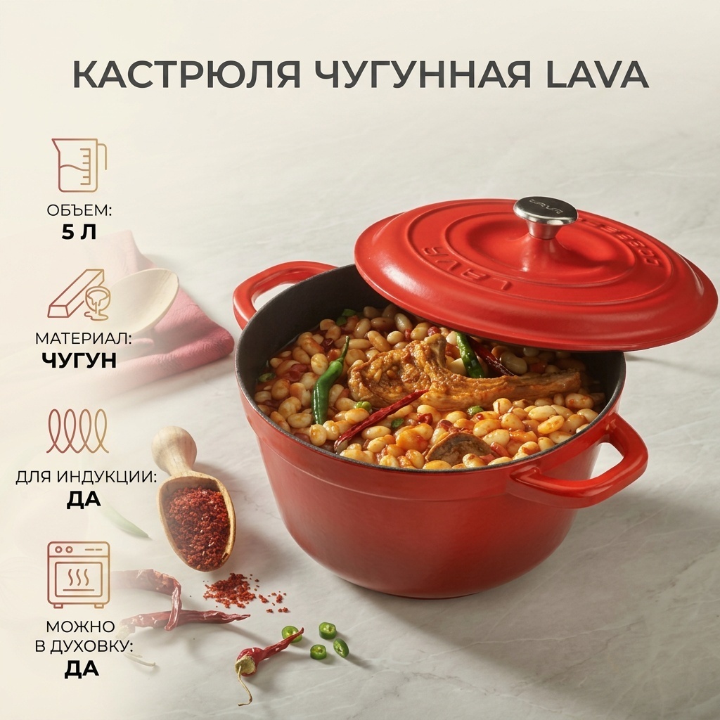 Кастрюля 5 л, Lava 47416 чугун