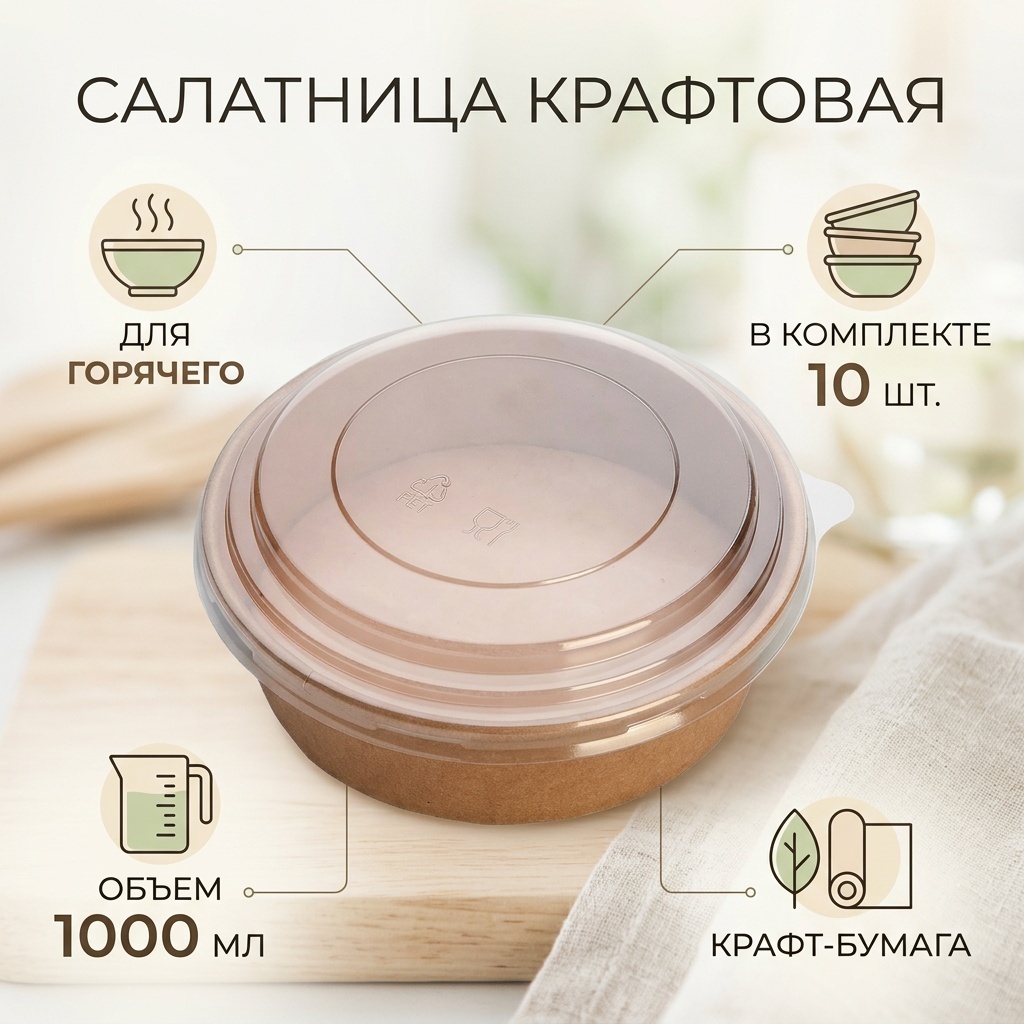 Крафтовая салатница с прозрачной крышкой 1000мл, 10шт