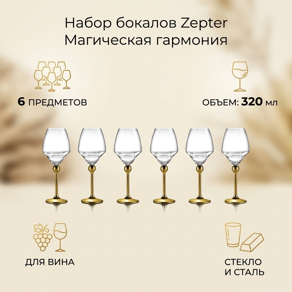 Набор бокалов Zepter 320 мл, стекло, сталь, 6 шт