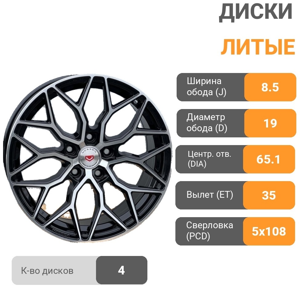 Rainbow VOSSEN 0319MMM 8.5x19/5x108 D65.1 ET35 4 диска черный, серебристый