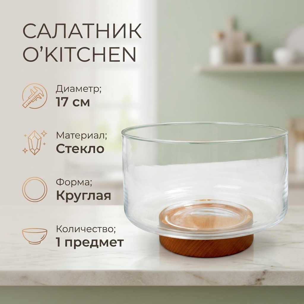 Салатник O'Kitchen 17х17 см, стекло, 1 шт