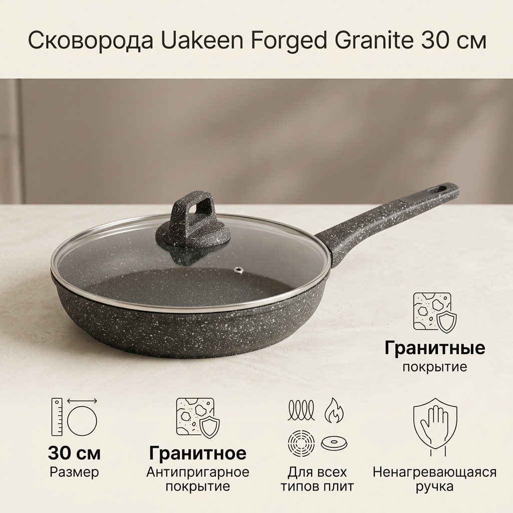 Сковорода Uakeen Forged Granite 30 см с антипригарным покрытием, алюминий