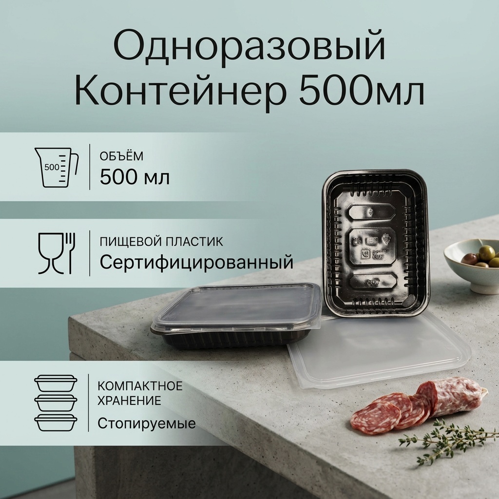 Одноразовый Контейнер "Плоский с КРЫШКОЙ" Черный (500мл)