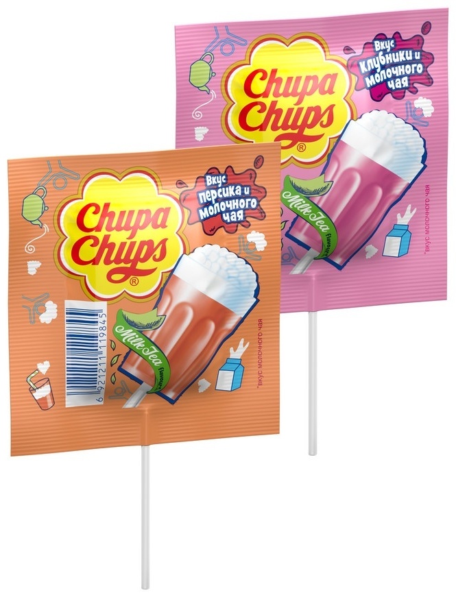 Конфеты леденцы Chupa Chups 3D Milk Tea со вкусом клубники и персика 15 г