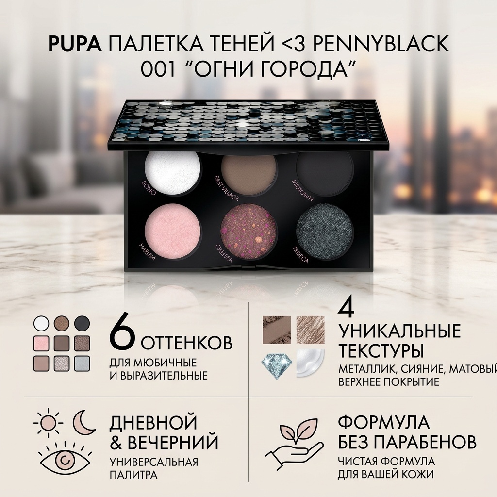 PUPA тени прессованные 3 Pennyblack Eyeshadow Palette 001 огни города