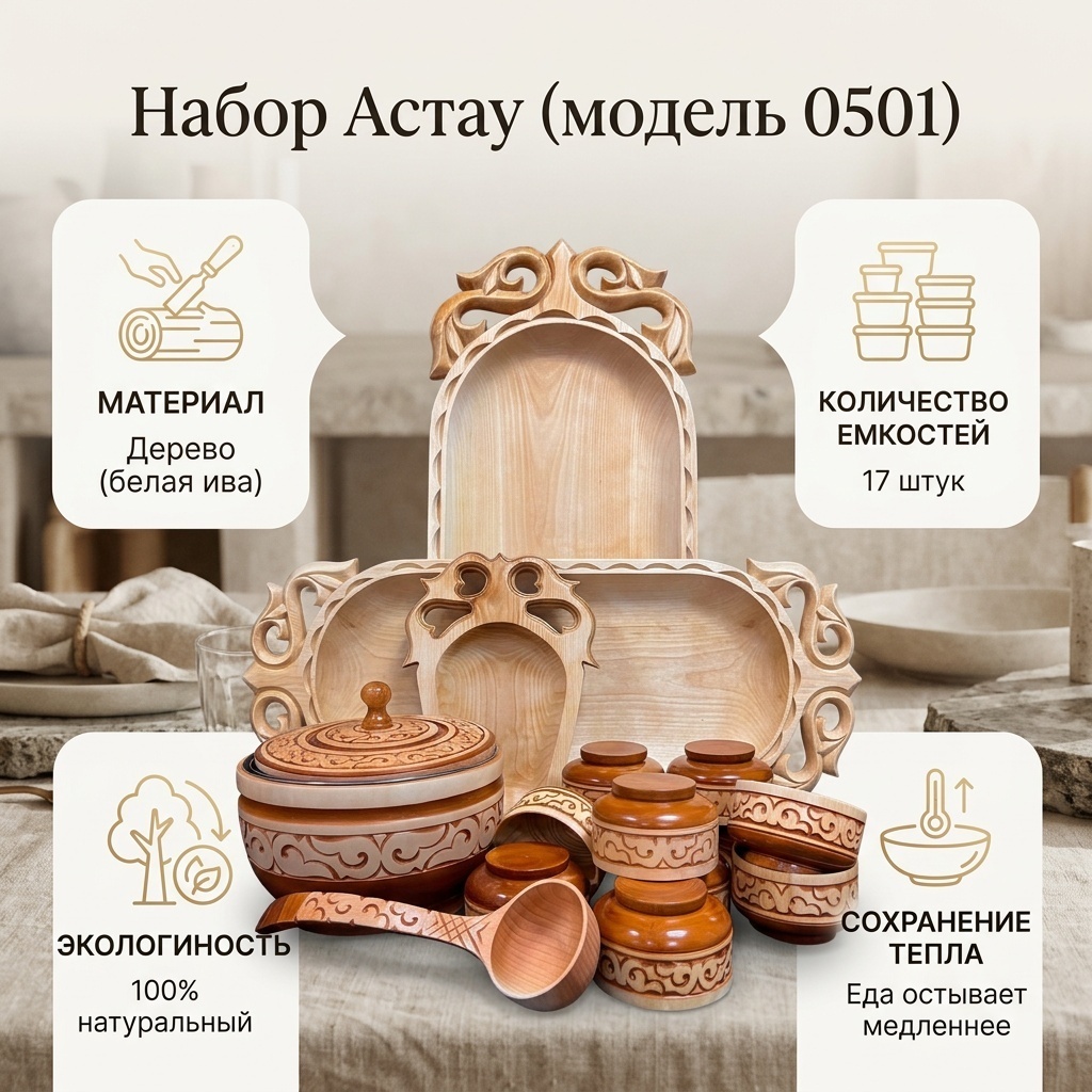 Астау Астау 2 астау, 1 бас табак, 12 кесе, 1 ожау, 1 шара с крышкой 60х30 см, дерево, 17 шт