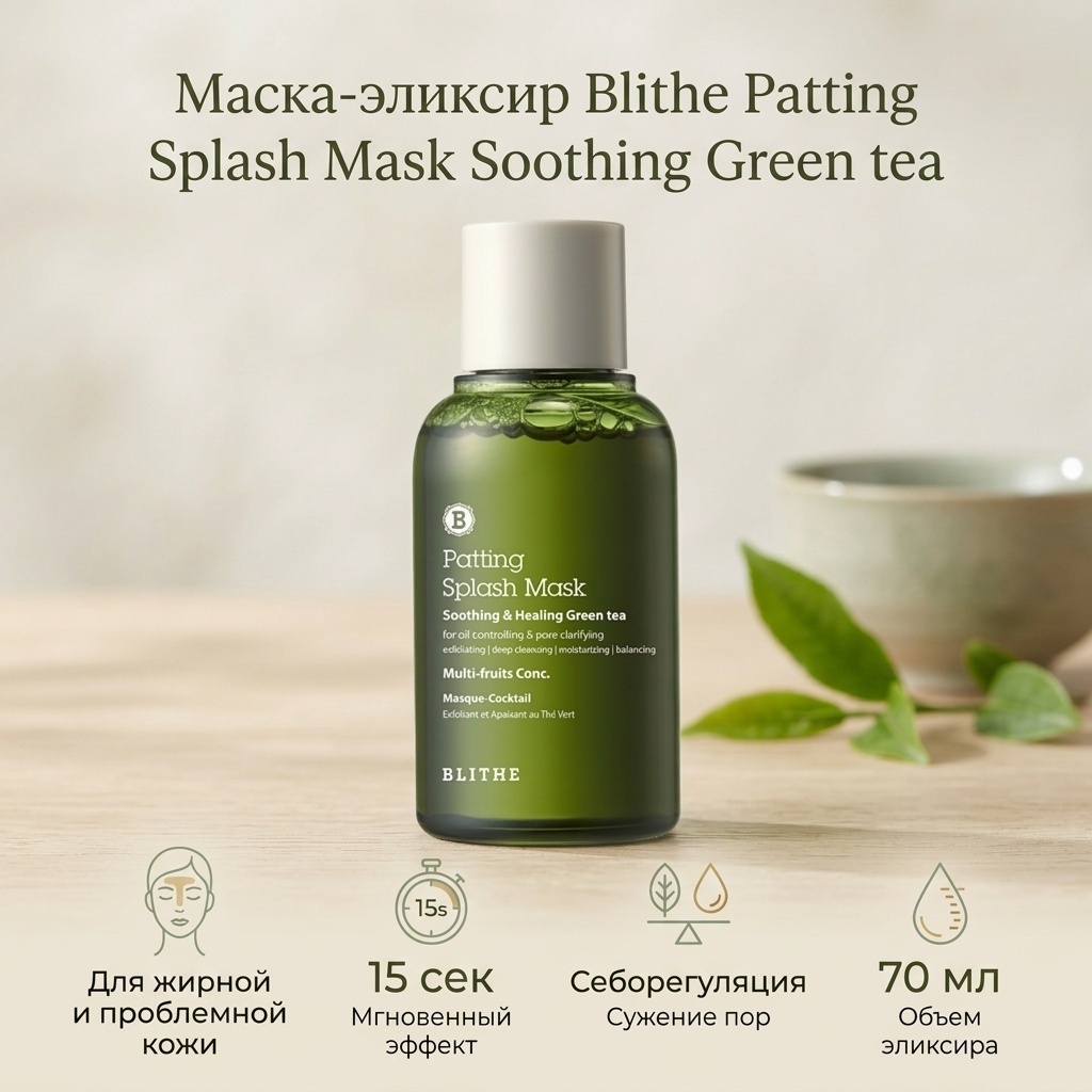 Маска для лица Blithe эликсир Patting Splash Mask Soothing Healing Green tea 70 мл