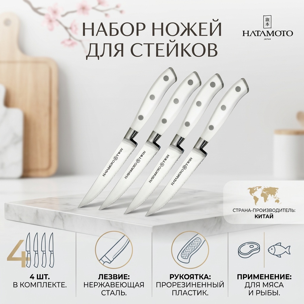 Универсальный, для мяса, для рыбы H1401, лезвие: сталь, нержавеющая сталь 4 шт