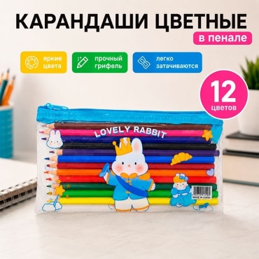 Набор цветных карандашей в пенале, 12 цветов, голубой