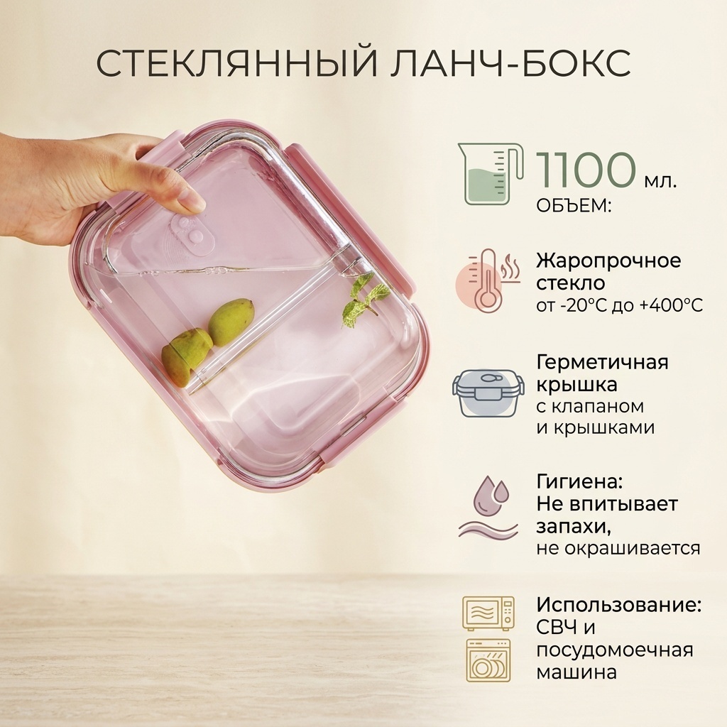 Контейнер 18557233_lunch_box_green_1100 1 шт, стекло, закаленное стекло, жаропрочное стекло