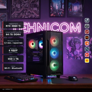 Tehnicom R5 5600 / RTX 3060 Ti 8 Гб / 64 Гб / 4000 Гб HDD+SSD 1000 Гб / Win 11 Pro