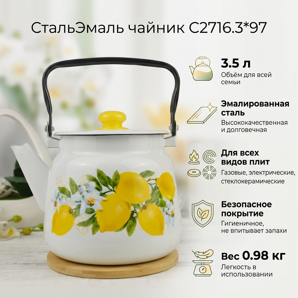 СтальЭмаль чайник С2716.3*97 3.5 л, эмалированная сталь
